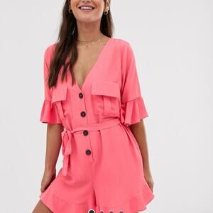 ASOS DESIGN frill hem button front playsuit romper with tie waist and pockets